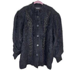Rabbit Angora Hair Beaded Jacket Black Oversize Embellished Statement 80s Fuzzy